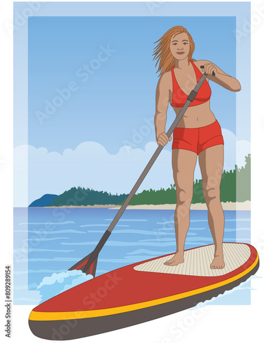 paddleboarding paddle boarding SUP, female standup paddler, paddling on calm water with blue sky in the background