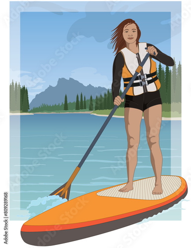 paddleboarding paddle boarding SUP, female standup paddler, wearing a life jacket, paddling on calm water with blue sky in the background