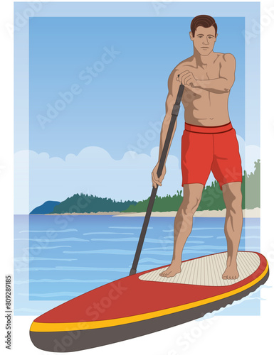 paddleboarding paddle boarding SUP, male standup paddler, paddling on calm water with blue sky in the background