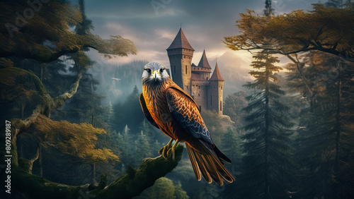 A Red tailed hawk, a bird of prey on a branch,  a fantasy woodland with a castle in the distance. photo
