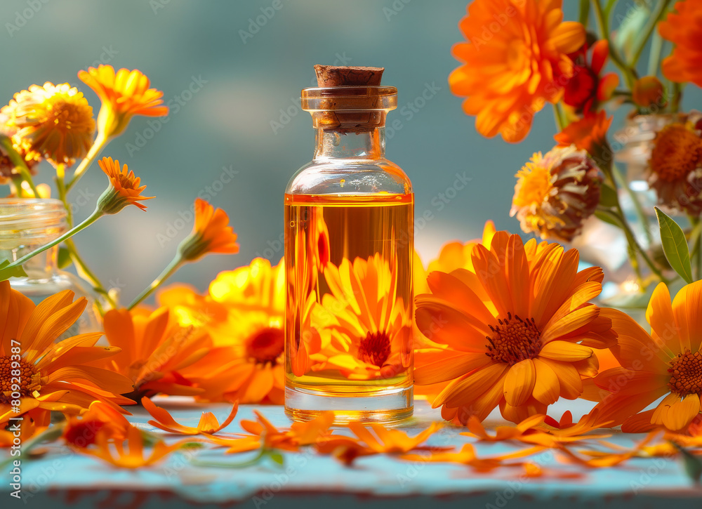 Bottle of calendula essential oil with fresh and dried calendula flowers Bottle of calendula essential oil with fresh and dried calendula flowers
