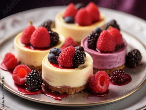 Beautifully arranged luxurious berry cheesecakes on artistic dessert dish with text space frame