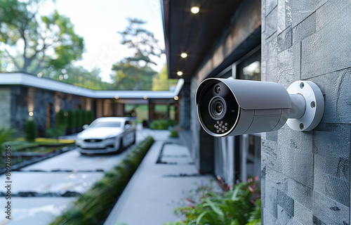 Security camera mounted on the wall and car parked outside