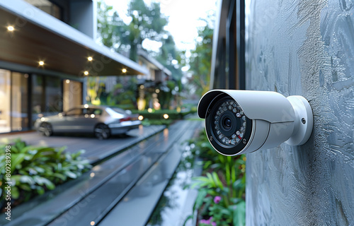 CCTV camera mounted on the wall and car parked outside