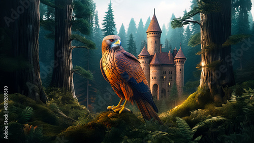 A Red Goshawk, a bird of prey on a branch, a fantasy woodland with a castle in the distance.