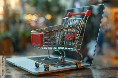 Shopping cart and laptop online shop business, Small shopping cart with Laptop for shopping online concept 