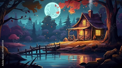 Glowing house by the lake with wooden bridge in fantasy landscape under the full moon night sky
Seamless looping 4k time-lapse virtual video animation background. Generated AI photo