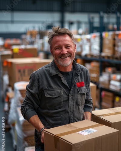 Happy Middle-Aged Warehouse Employee Smiling at Work, Logistics and Shipping Industry