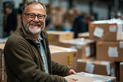 Happy mature logistics worker smiling in warehouse - portrait of a satisfied man with beard