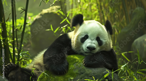 A big panda is resting in a bamboo forest. the adorable panda s natural habitat