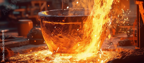 Liquid iron molten metal pouring in container photo