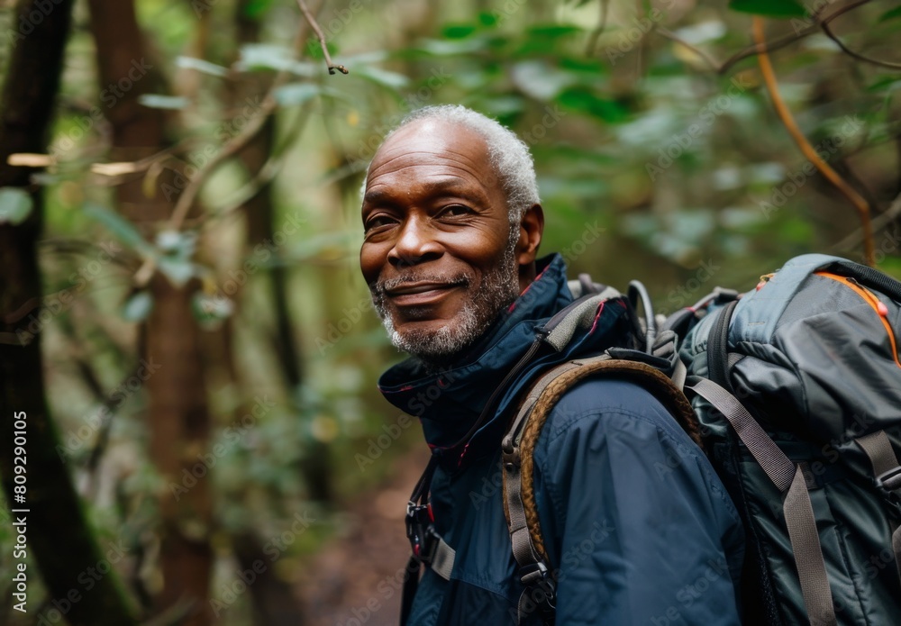 Senior black man smiles while hiking in forest, embracing exercise for wellness and healthy lifestyle. Fresh air invigorates the mature gentleman's face Senior black man smiles while hiking in forest, embracing exercise for wellness and healthy lifestyle. Fresh air invigorates the mature gentleman's face