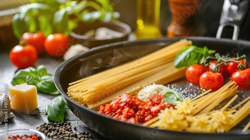 Italian pasta in a pan. Spaghetti ingredients. Italian food . Generative Ai