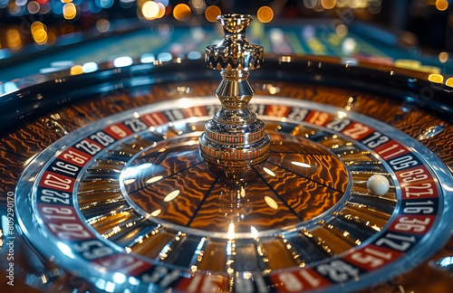Roulette wheel in casino. Casino game table with roulette and cards close-up