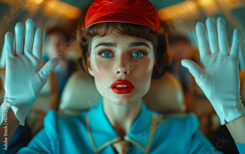 Beautiful woman in red cap and gloves is sitting in the chair in the cabin of the aircraft. photo