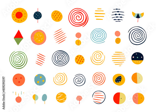 Fun colorful line doodle shape circle set. Creative minimalist style art symbol collection for children or party celebration with basic shapes. Simple upbeat childish drawing scribble decoration.