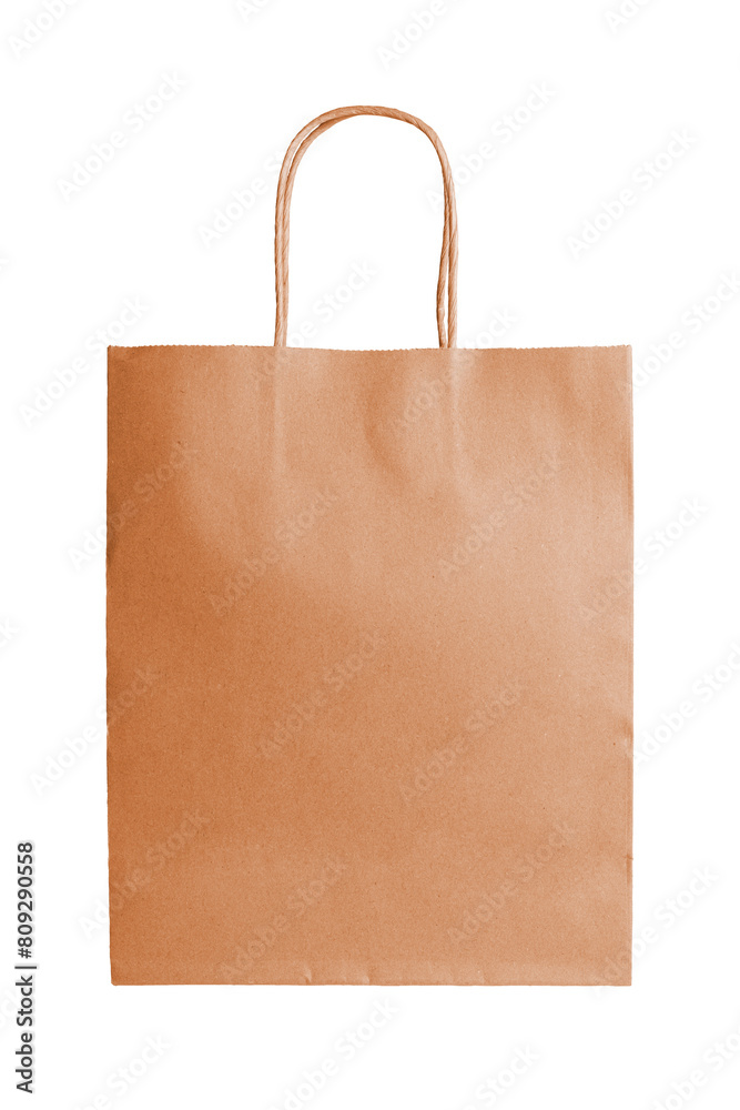 Blank orange craft paper bag packaging isolated on white, transparent background. Eco friendly shopping bag made from recycled paper, ecology, recycling concept. Mockup, template, copy space Blank orange craft paper bag packaging isolated on white, transparent background. Eco friendly shopping bag made from recycled paper, ecology, recycling concept. Mockup, template, copy space