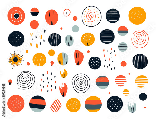 Fun colorful line doodle shape circle set. Creative minimalist style art symbol collection for children or party celebration with basic shapes. Simple upbeat childish drawing scribble decoration.