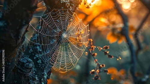 beautiful spider web network on a tree at sunrise in high resolution and high quality