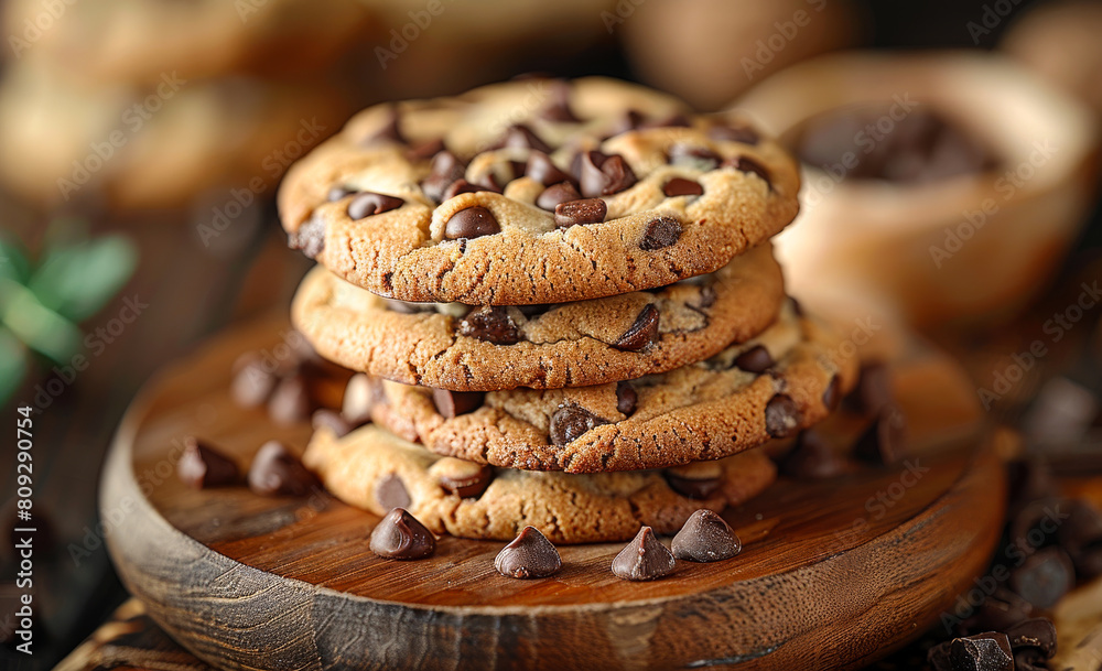 Chocolate chip cookies on wooden plate. A chocolate chip cookies on wooden plate