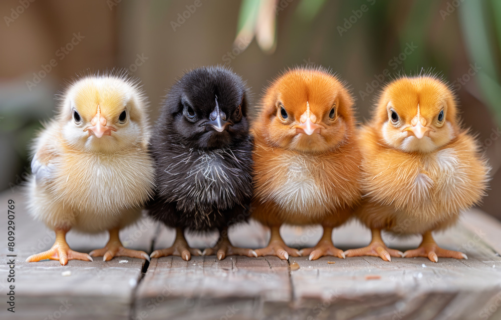 Four baby chicks sit on wooden table. Four cute baby chickens