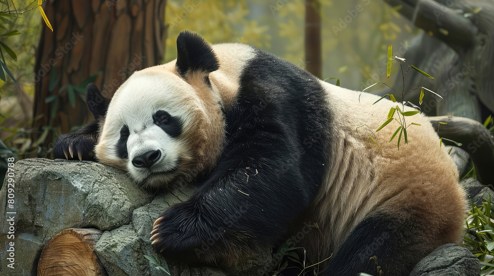 Obraz premium The funny behavior of a panda sitting on a rock