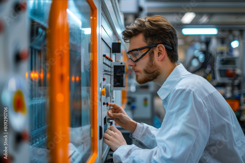 Worker overseeing the injection molding of plastics at a modern manufacturing plant. AI generated.