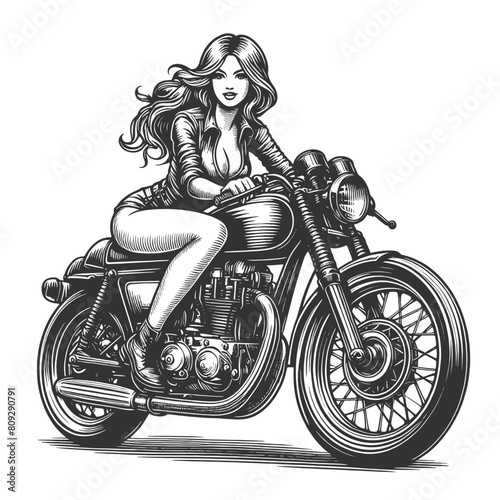 retro biker woman with flowing hair, riding classic motorcycle with focused gaze sketch engraving generative ai fictional character vector illustration. Scratch board imitation. Black and white image