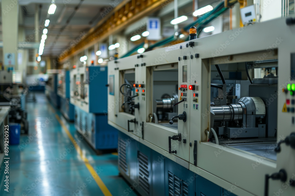 Complex machinery used for the high-precision machining of plastic parts in a busy factory setting. AI generated. Complex machinery used for the high-precision machining of plastic parts in a busy factory setting. AI generated.