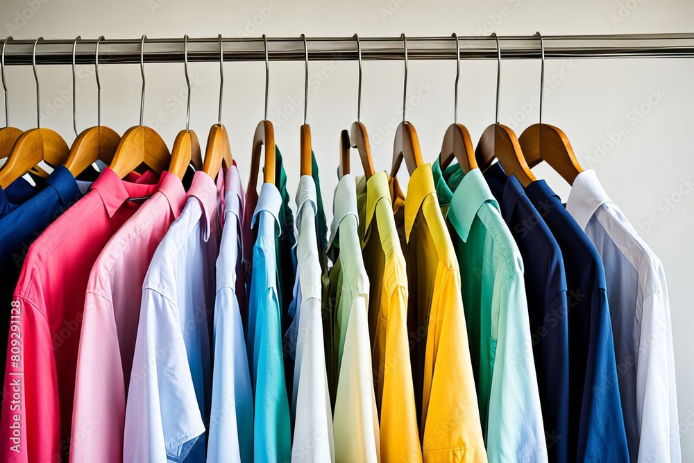 Behold an array of bright colored shirts elegantly hung on wire hangers, adorning a rack with an essence of brightness and airiness. Behold an array of bright colored shirts elegantly hung on wire hangers, adorning a rack with an essence of brightness and airiness.