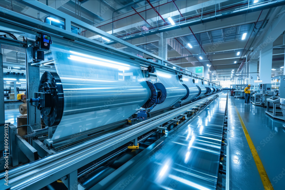 Brightly lit factory floor showcasing the extrusion of plastic films with workers and control systems. AI generated. Brightly lit factory floor showcasing the extrusion of plastic films with workers and control systems. AI generated.