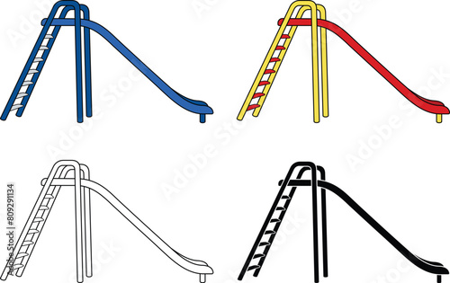 Playground or Park Slide from Side Profile View Clipart Set - Outline, Silhouette & Color