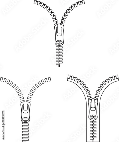 Cartoon Zipper Pull Zipping with Teeth Coming Together Clipart Set - Transparent Outline
