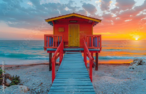 Colorful lifeguard station sits on the beach at sunset photo
