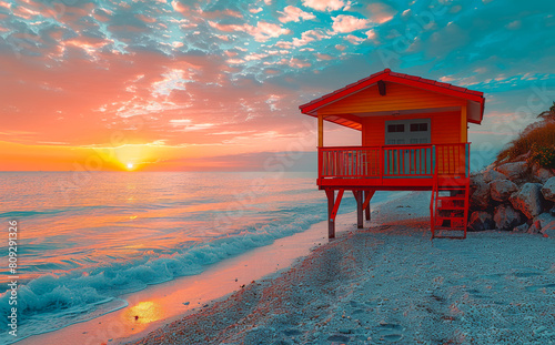 Colorful lifeguard station sits on the beach at sunset photo