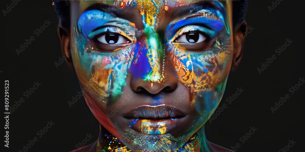 beautiful face of a woman, futuristic bright neon accessories, black background, front view, futuristic neon clothing beautiful face of a woman, futuristic bright neon accessories, black background, front view, futuristic neon clothing