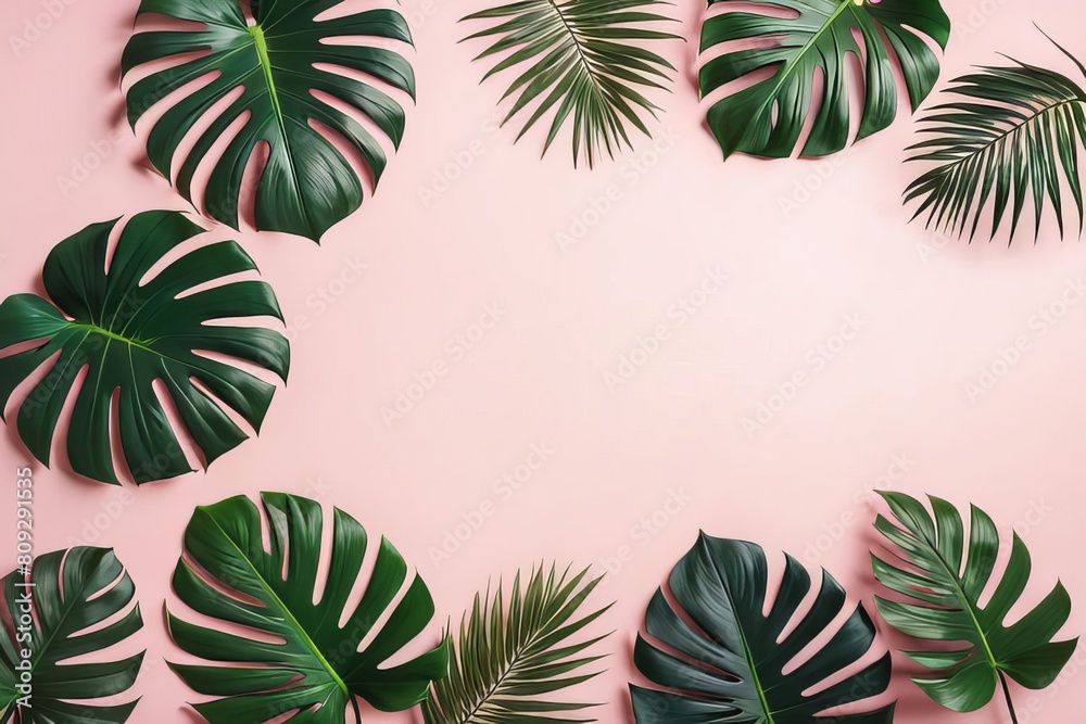 Tropical leaves on a pink background. Summer exotic botanical nature. Tropical leaves on a pink background. Summer exotic botanical nature.