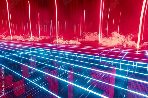 Futuristic Cityscape with Red and Blue Laser Grid Lines