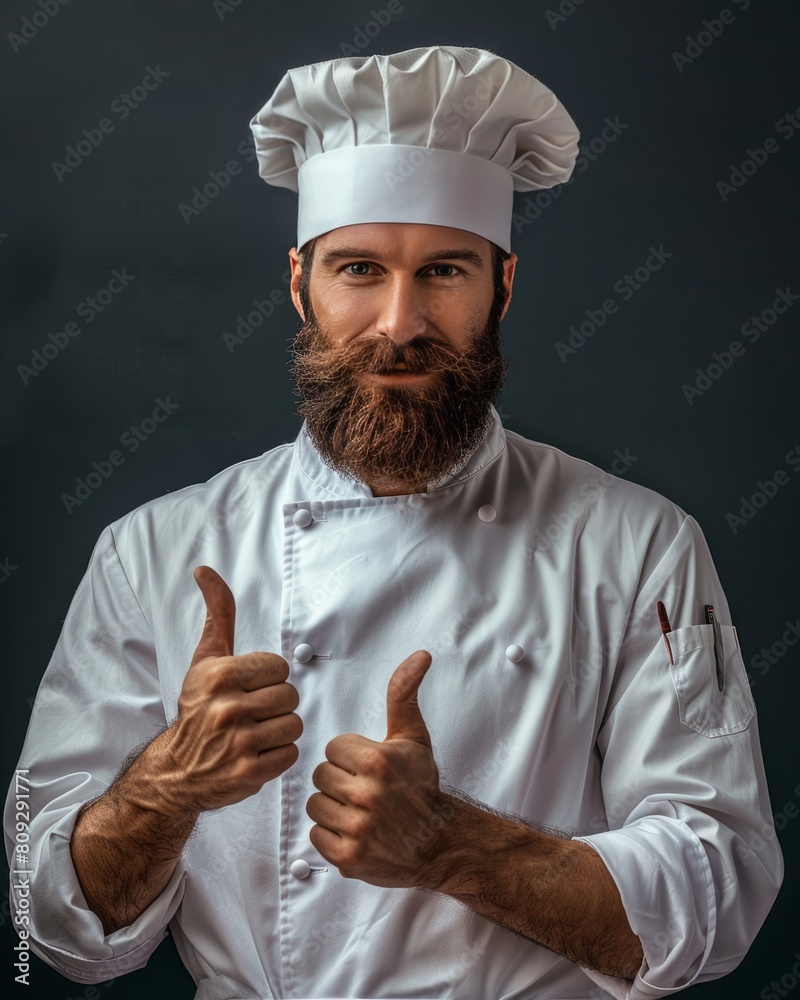 Confident Bearded Chef in White Uniform Giving Thumbs Up Sign in a Professional Kitchen Setting Confident Bearded Chef in White Uniform Giving Thumbs Up Sign in a Professional Kitchen Setting