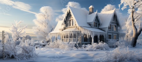 Panoramic view of a wooden house covered with hoarfrost in winter photo