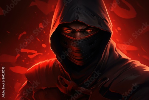Digital illustration of a ninja with intense eyes, cloaked in shadows against a fiery red backdrop
