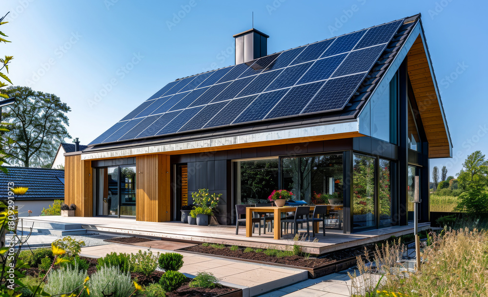 House with solar panels on the roof. A photo of solar panels on the roof of a modern house
