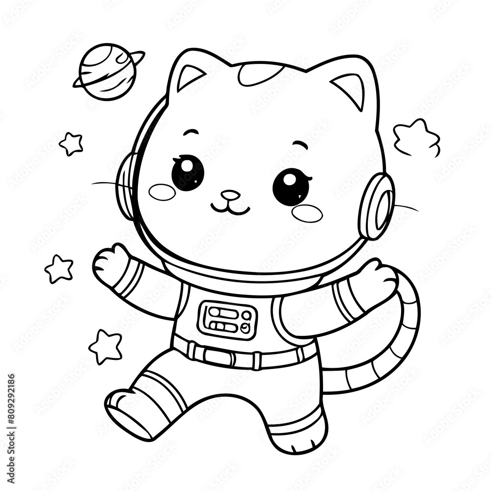 Obraz premium Vector illustration of a cute catastronaut drawing colouring activity