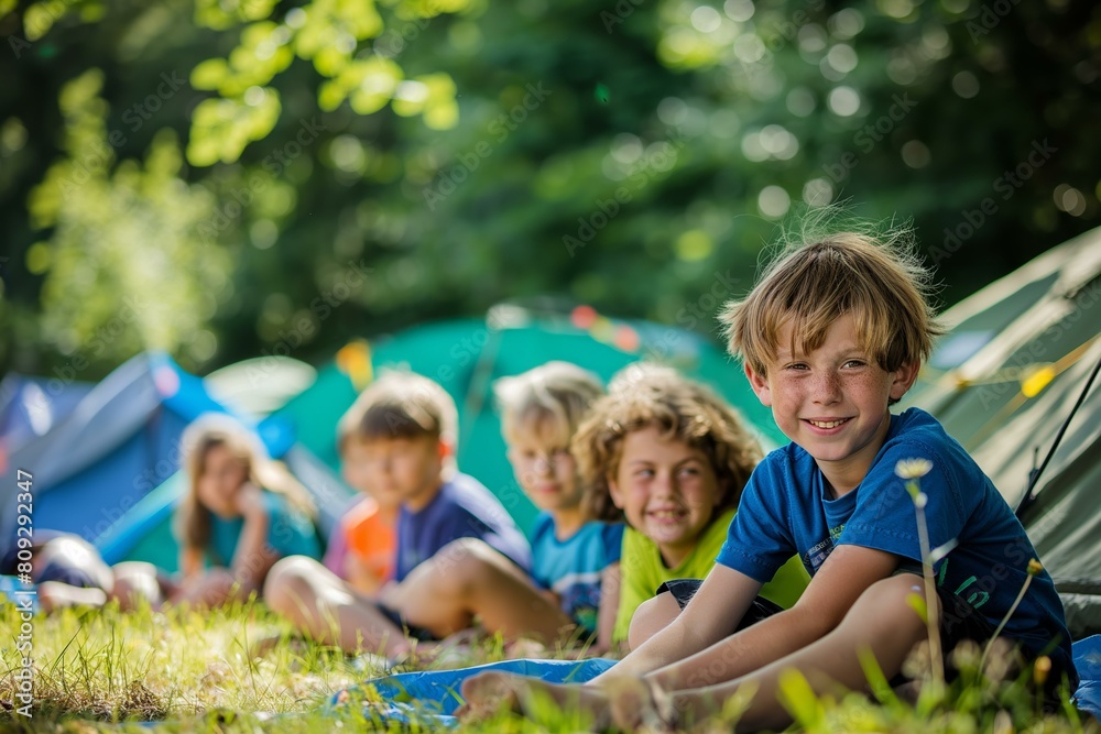 Fototapeta premium Children Camping in Forest with Tents in Background