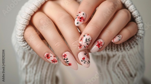 Woman s hands with floral nail art design