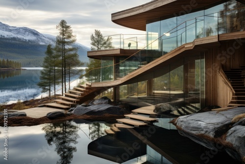 Luxurious wooden house with glass facade by a calm lake with snowy mountains in the background © juliars