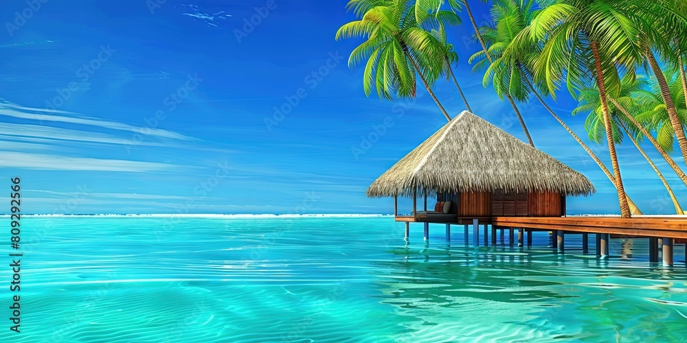 A stunning tropical island scene with crystal clear blue waters, palm trees swaying in the breeze and an overwater thatched hut on wooden planks extending into the water. 