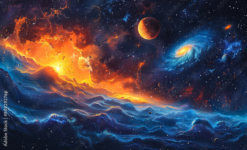 Planets over the nebulae in space. The solar system with the planets and sun in space Planets over the nebulae in space. The solar system with the planets and sun in space