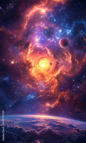 Planets over the nebulae in space. The solar system with the planets and sun in space