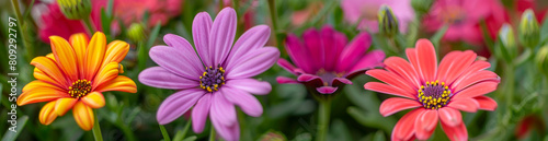  Colorful daisies blooming in the garden  vibrant colors of purple  pink and orange flowers